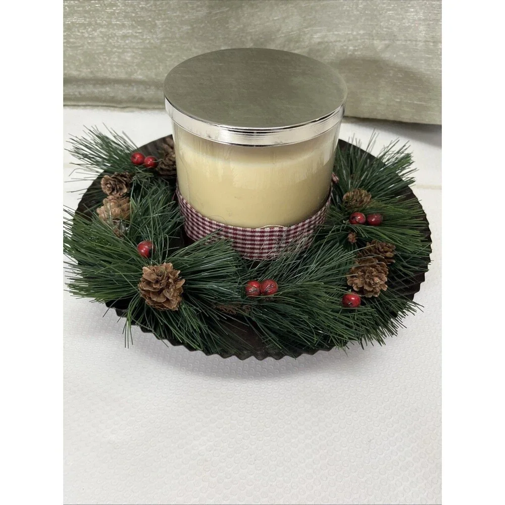 Slatkin & Co Pine Candle Table Decor Candle 4x4” Plate 9x9” Holiday Christmas